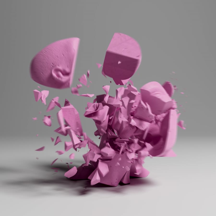 Pink sculptural head breaking into fragments
