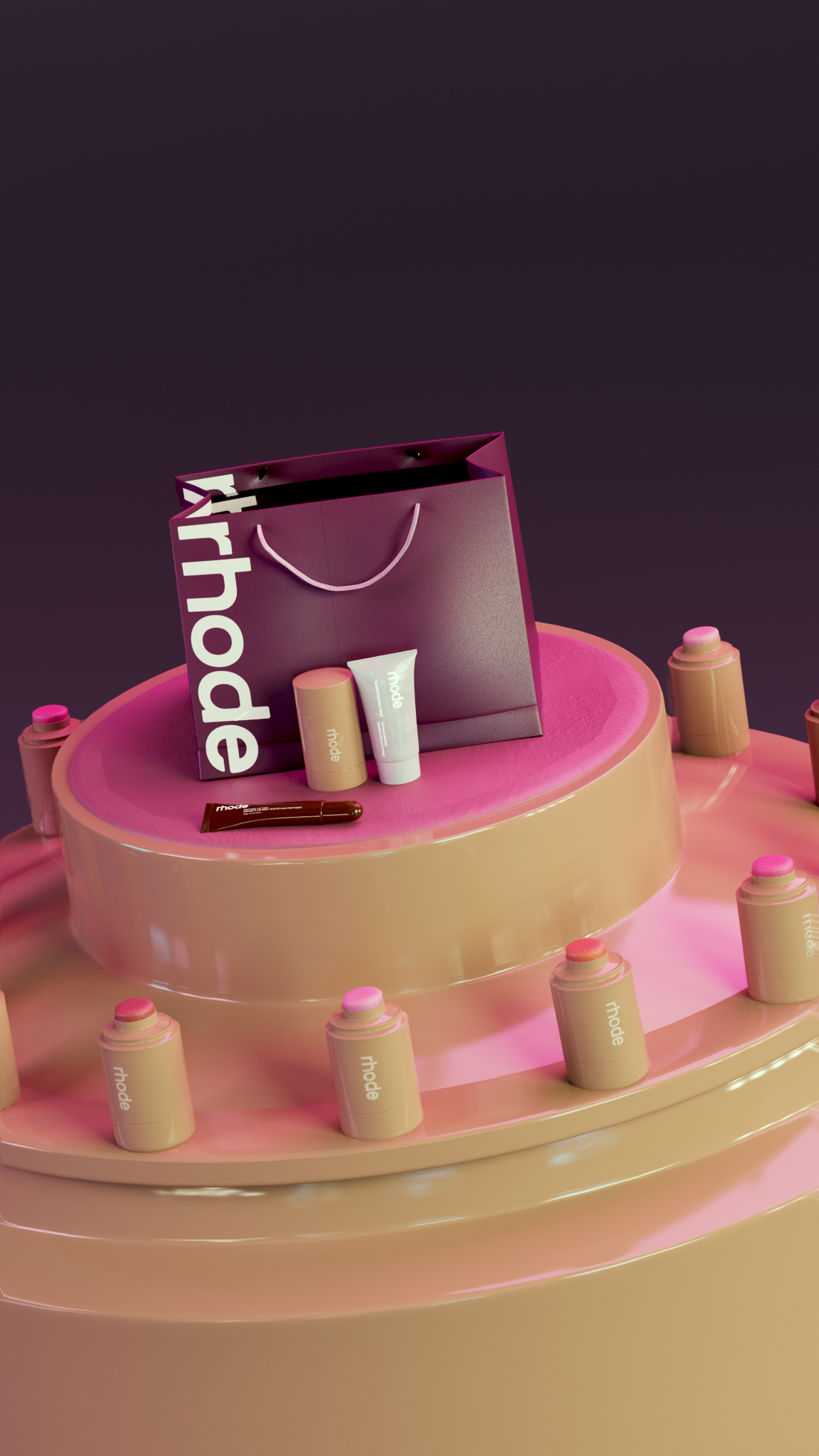 Rhode beauty products on a pink display