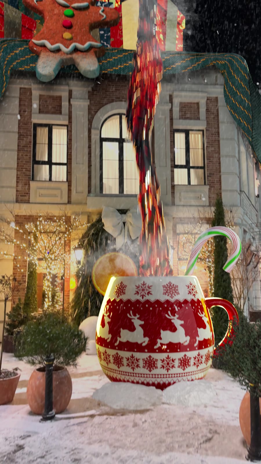 Festive cup with flowing animation in a winter scene
